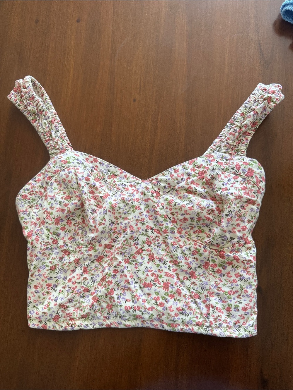 Floral Smocked-Strap Crop Top - White with Pink & Green
